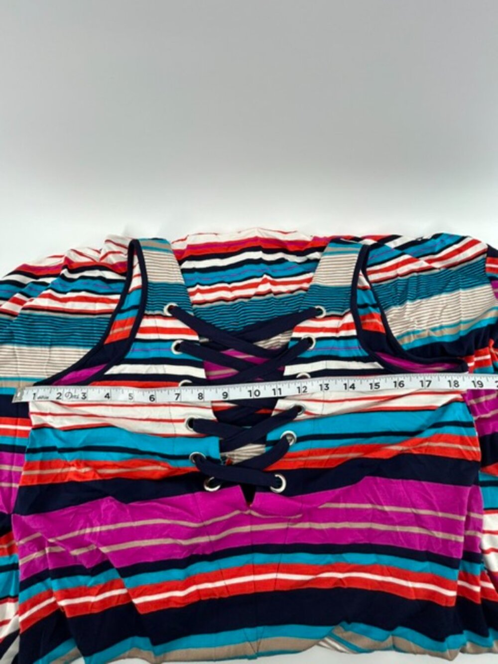 Spense Multi-colored Rainbow Striped Knit Dress Size Large Lace-up Grommet Neckl - Picture 6 of 7